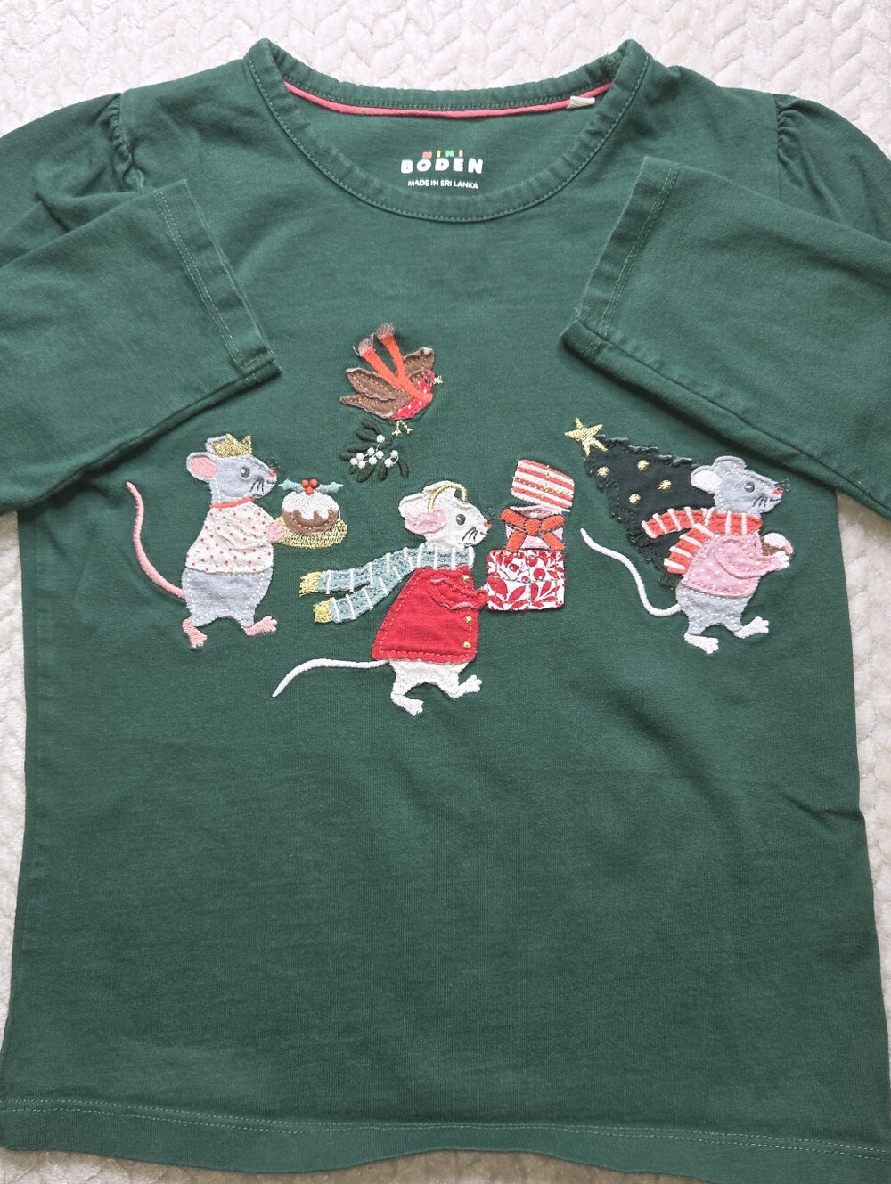 Mini Boden Long Sleeve Festive Applique Shirt Mice Holidays Gifts Green Size 7-8